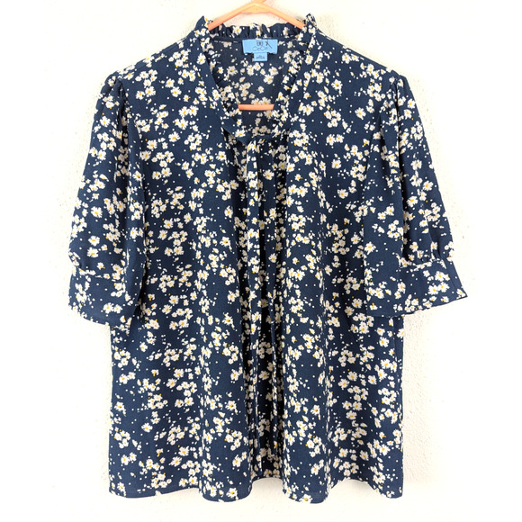 CeCe sz XL Blouse v-neck ties textured fabric blue floral print top 2493 - Picture 1 of 6